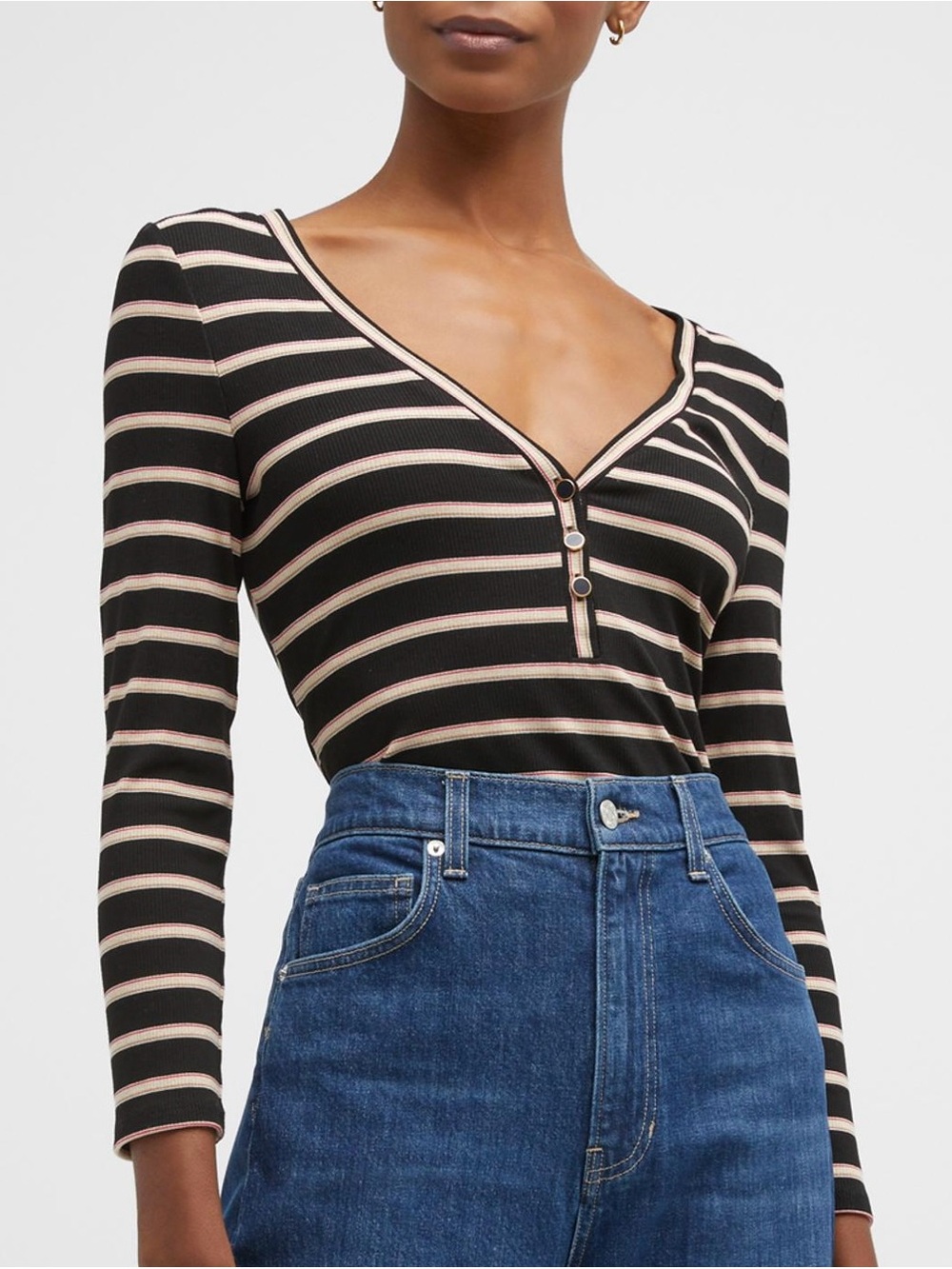 Veronica Beard Shailee Striped V-Neck Henley Top